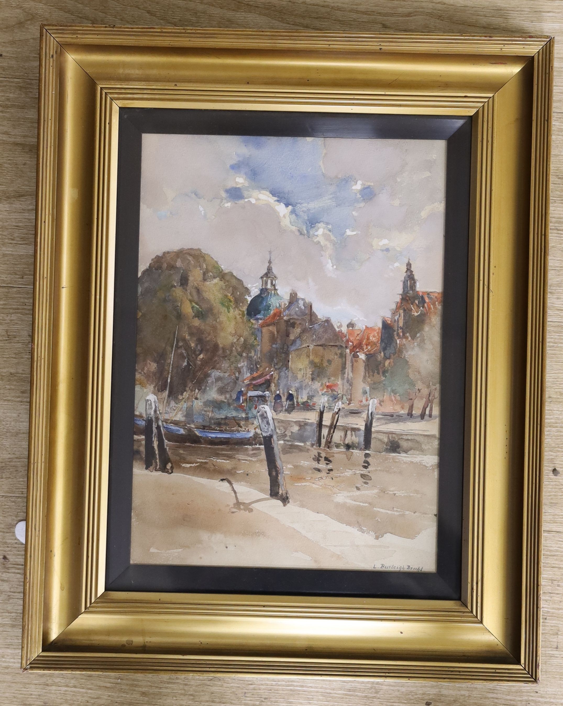 Louis Burleigh Bruhl (1861-1942), watercolour, 'The Harbour Mouth, Dordrecht', signed with label verso, 36 x 26cm